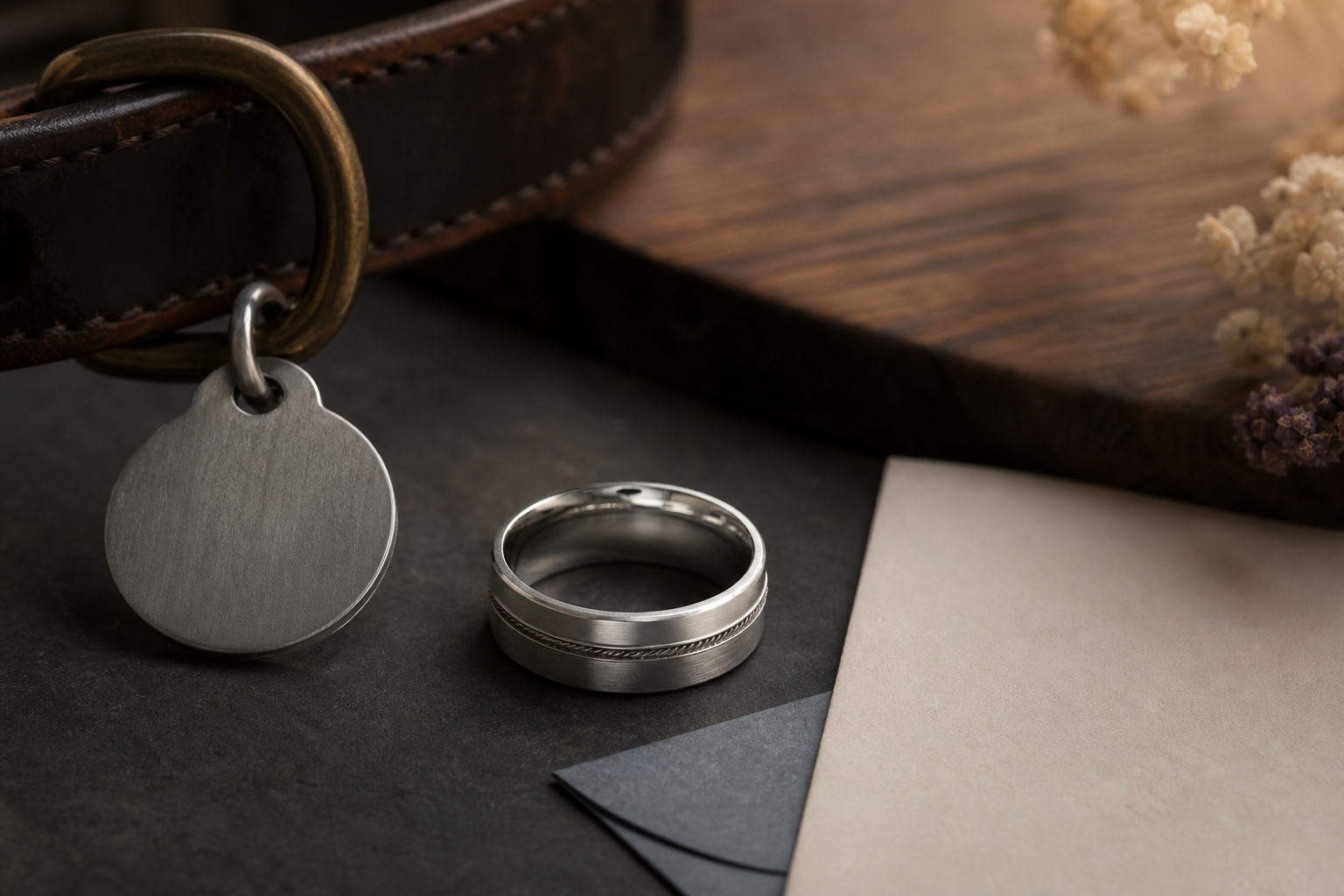 Premium custom ring designer image with a ring, tag, and source materials