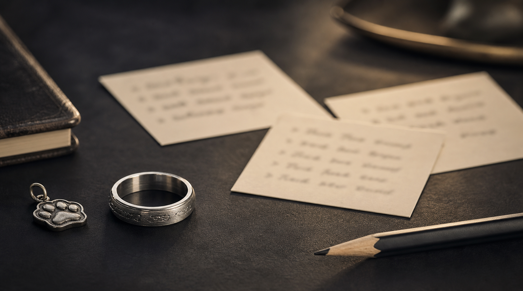 Premium ring engraving ideas image with a silver ring, pencil, and note cards